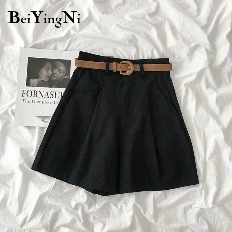 Beiyingni 2020 Suit Shorts Female Solid Color Belted Vintage Classic Korean Style Blazer Shorts Women Bottom Loose Plus Size