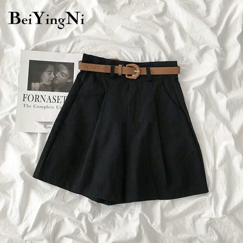 Beiyingni 2020 Suit Shorts Female Solid Color Belted Vintage Classic Korean Style Blazer Shorts Women Bottom Loose Plus Size