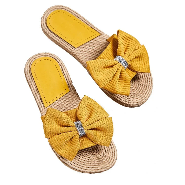 Women Summer Casual Slides Comfortable Flax Slipper Striped Bow Rhinestone Decoration Platform Sandals Ladies Indoor Shoes hy440