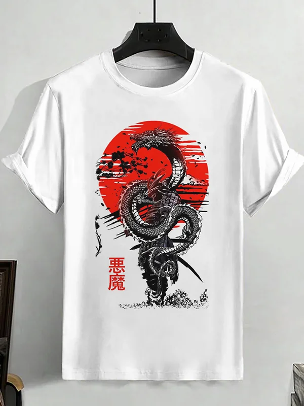 100% Cotton Men's Samurai Warrior Dragon Japanese Art Print Cotton Casual T-Shirt