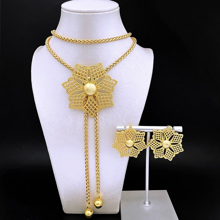 Gold Plated Jewelry Set For Women Adjustable Long Chain Necklace Large Pendant Flower Earrings
