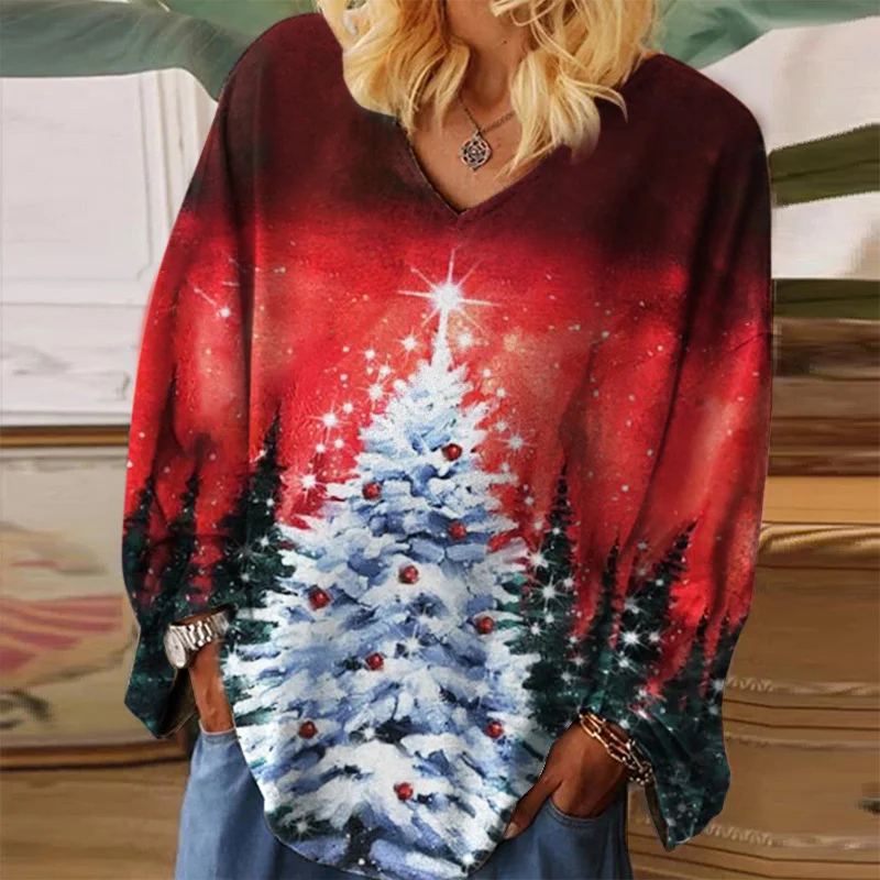 White Christmas Tree Beautiful Night Print Long Sleeve Tee