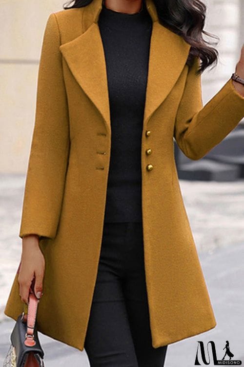 MidiSono - Fashion Solid Lapel Long Sleeve Buttons Slim Coat