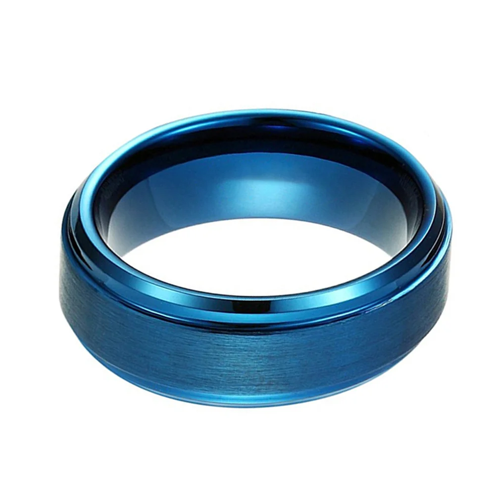 Mens Tungsten Wedding Band  Blue Plated Step Edge Brushed Surface 8mm