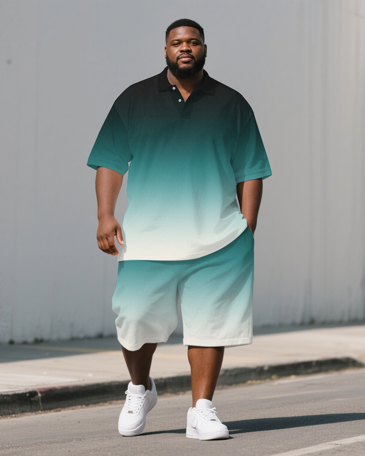 Big Men's Classic Green Gradient Short Sleeve Polo Shirt Shorts Sets
