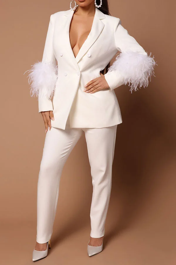 Solid Color Feather Trim Stylish Pant Suit