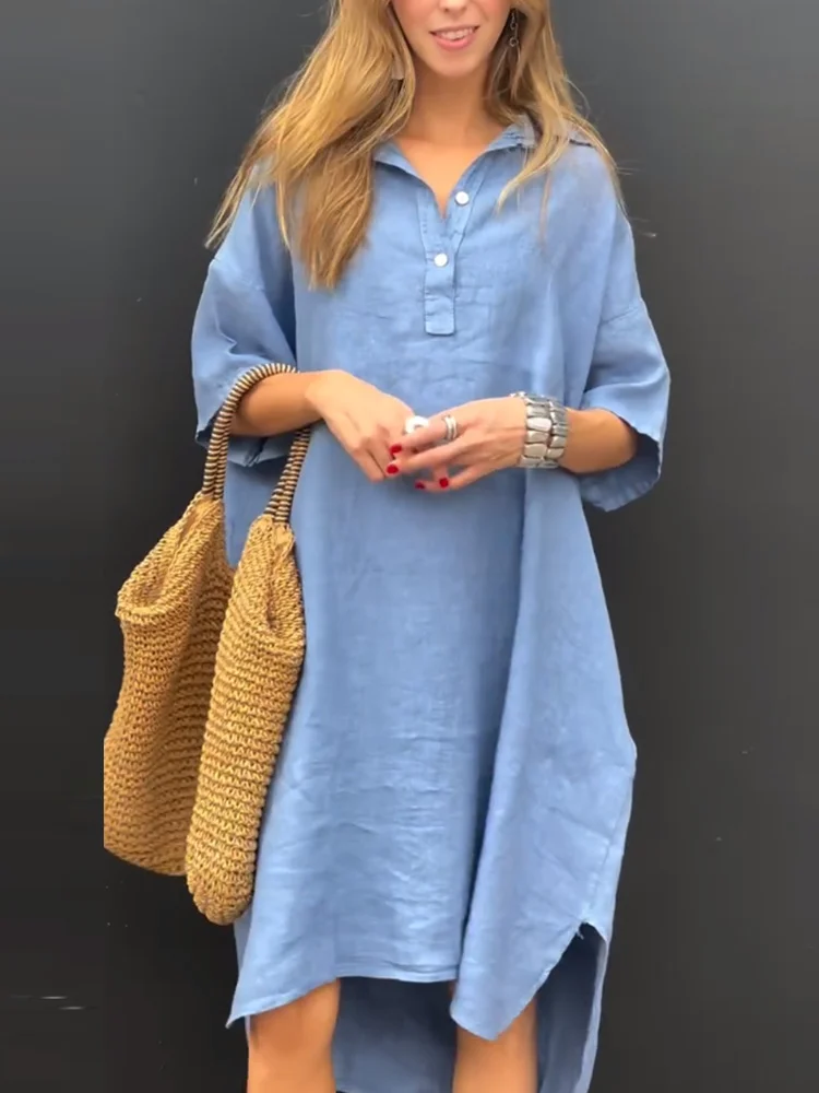 Stylish Button Front Decor Cotton Linen Dress