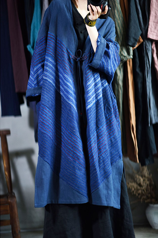 Blue Retro Striped Cotton Trench Coat