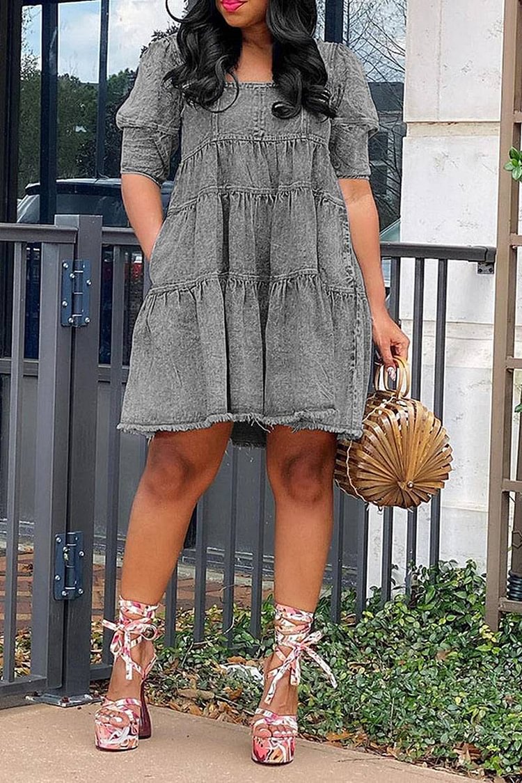 Plus Size Grey Daily Denim Puff Sleeve Babydoll Dress Mini Dress [Pre-Order]