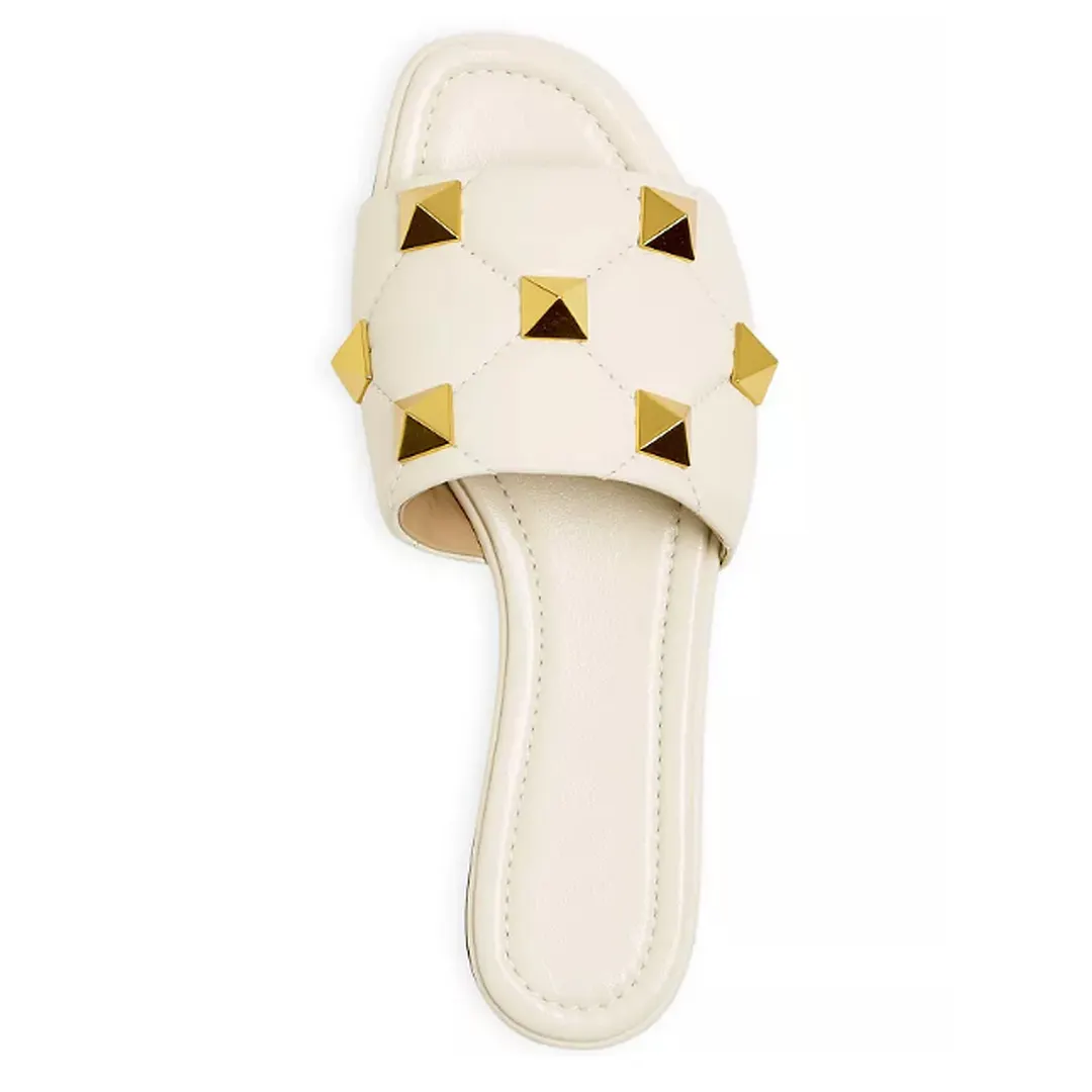 Women's Roman Stud Quilted Slide Sandals White-vocosishoes