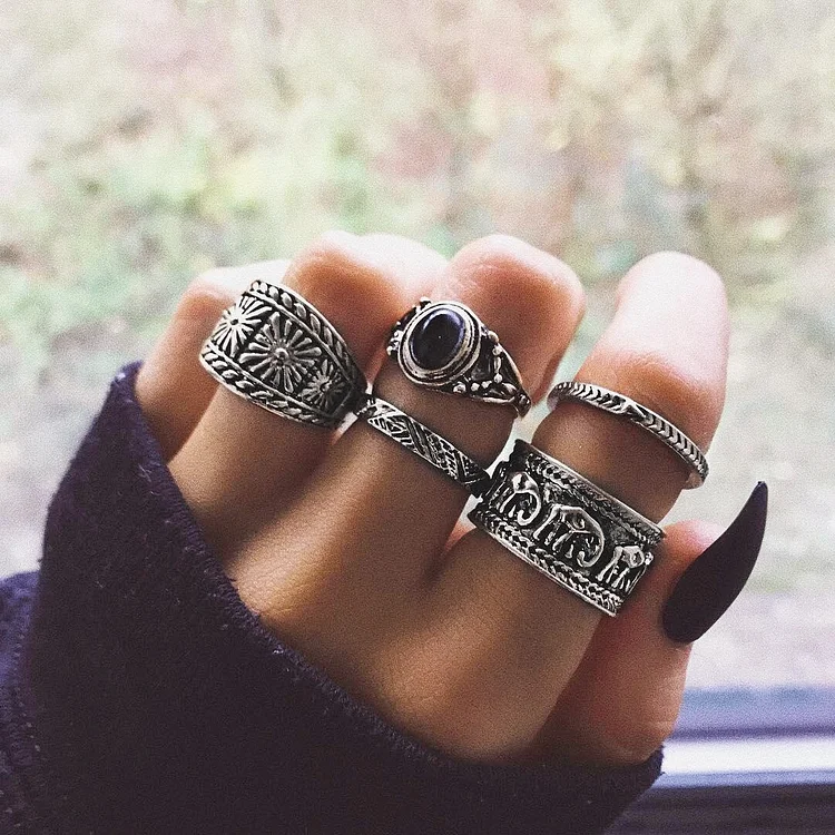 Jewelry-Bohemian Totem Black 5 Piece Ring Set