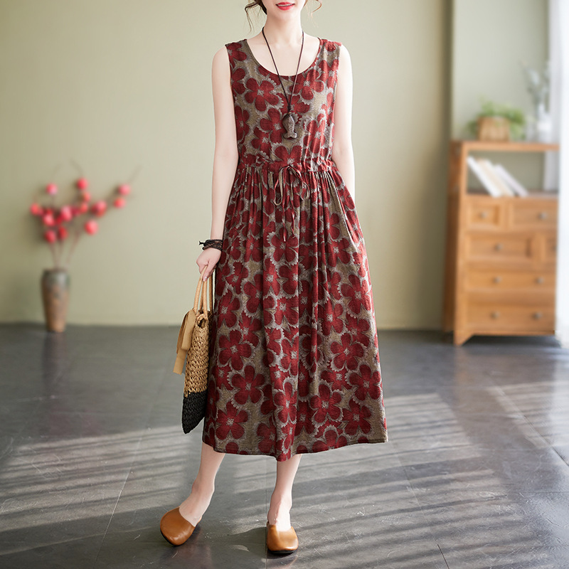 Women Sleeveless Vintage Floral Casual Loose Elegant Linen Cotton Dress