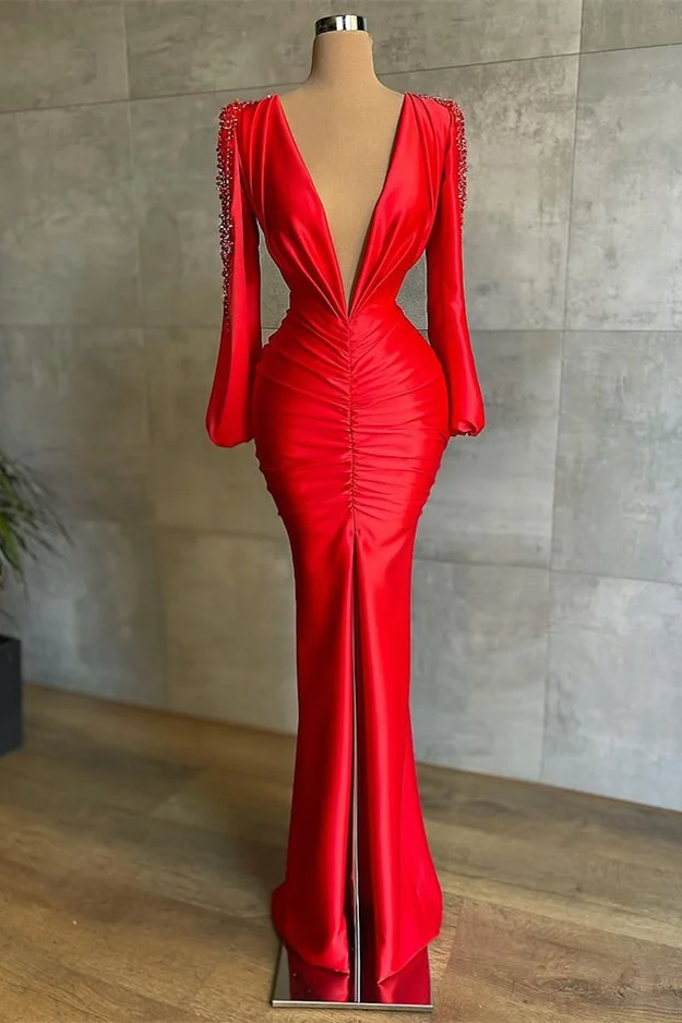 Classic Deep V-Neck Red Mermaid Prom Dress Long Sleeves With Beadings - lulusllly