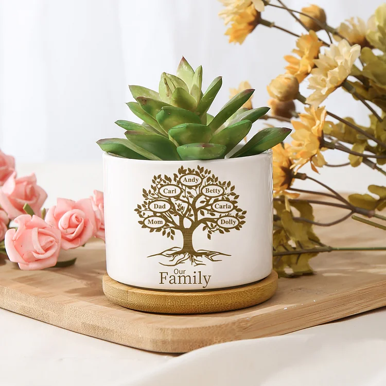 Personalized Ceramic Flowerpot with Wooden Base Custom 7 Names & 1 Text Family Tree Flowerpot Gift for Mom/Grandma