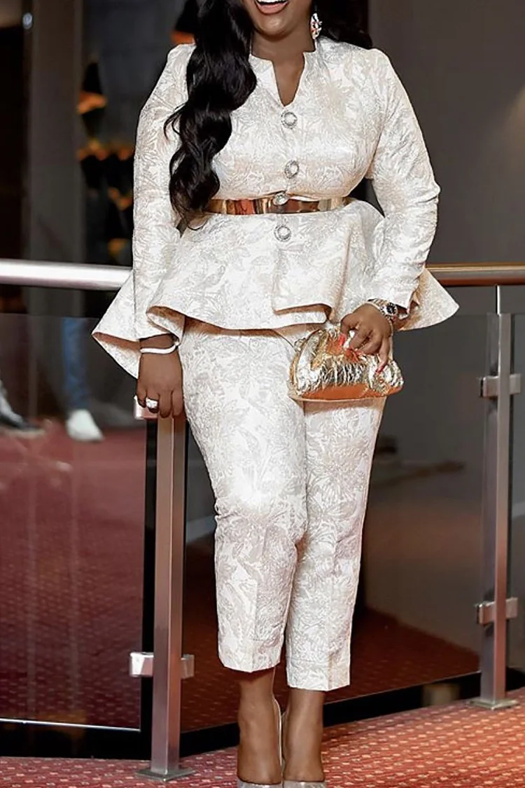 Plus Size Formal Pant Sets Elegant Ivory Fall Winter V Neck Long Sleeve Flounce Two Piece Pant Sets [Pre-Order]