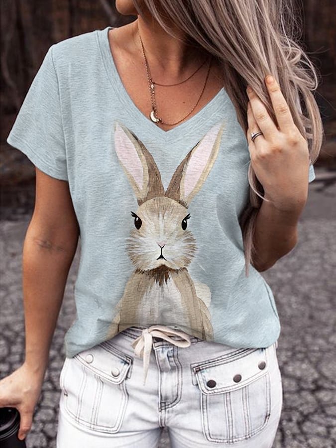Women's Cute Watercolor Bunny Print V-Neck Tee