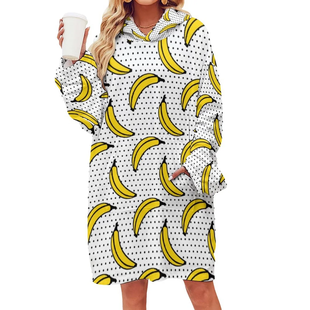 Polka Dot Banana Print Oversized Sherpa Fleece Sweatshirt Blanket Hoodie Warm Cozy Wearable Tops with Pocket