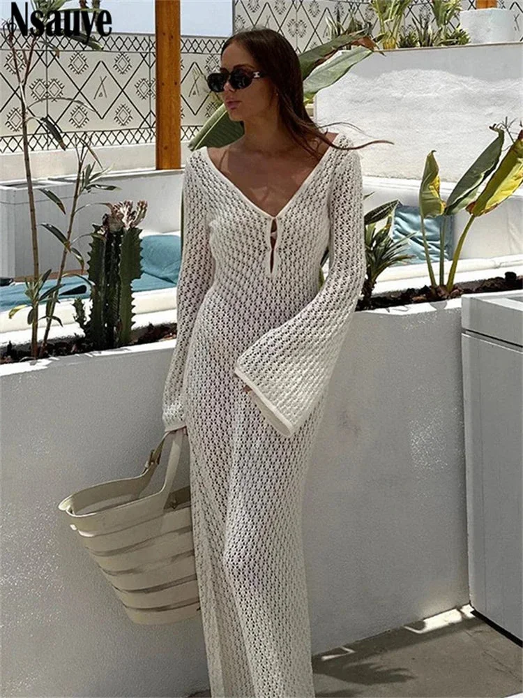 Oocharger Knitted Elegant HolloW Out Long Sleeve V Neck Long Dresses Women Autumn Winter Vacation Casual Maxi Party Dress 2024