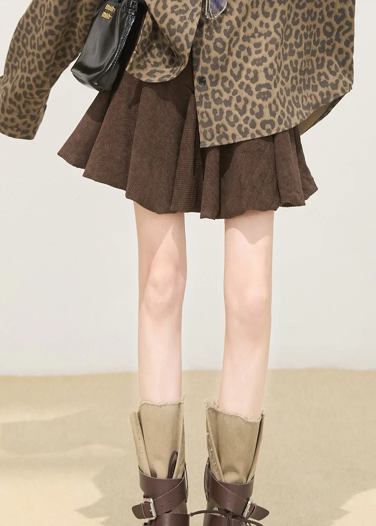 Fitted Brown High Waist Cotton A Line Short Skirt Spring