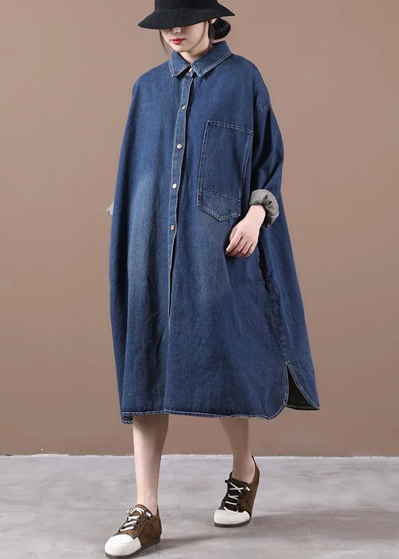 100% lapel patchwork  outfit Fashion Ideas denim blue long Dress