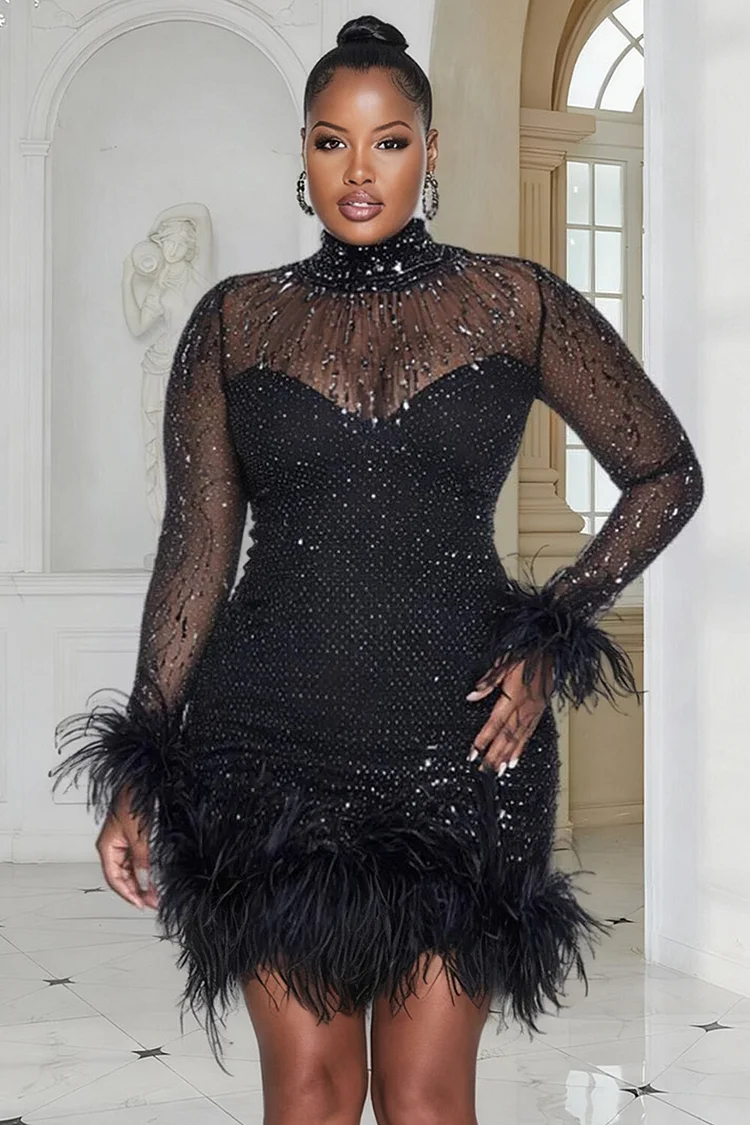Xpluswear Design Plus Size Cocktail Party Sequin Black Mock Neck Long Sleeve Bodycon Feather Mesh Mini Dresses [Pre-Order]