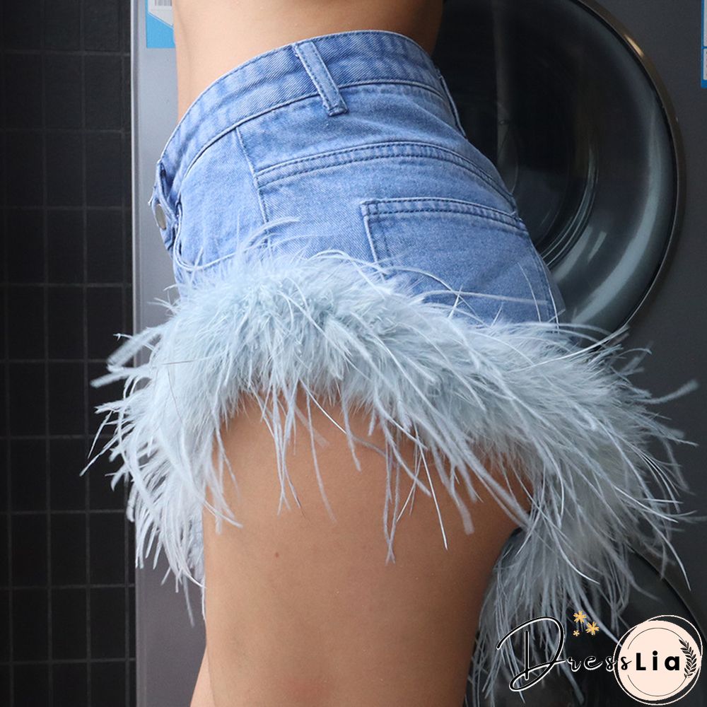High Waist Feather Fur Patchwork Denim Shorts