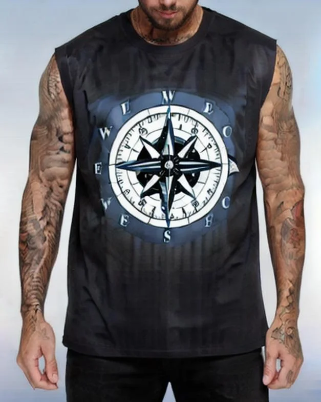 Men's Casual Compass Print Tank Top at Hiphopee