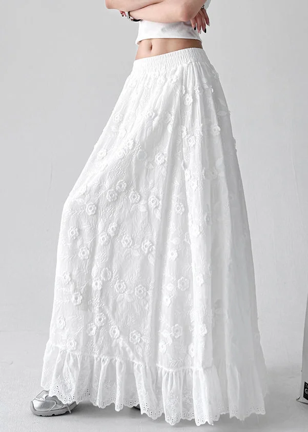 Art White Floral Hollow Out Elastic Waist Cotton Skirt Summer