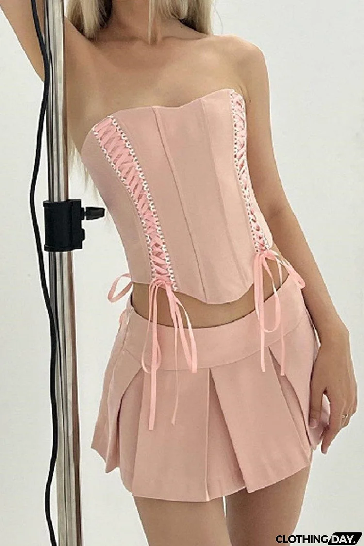 Strapless Tie-up Corset Crop Top A-line Skirt Suits