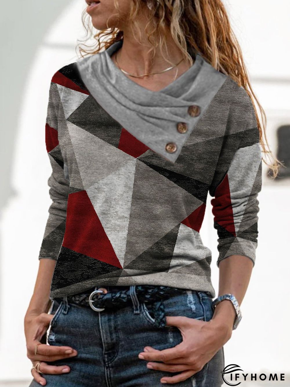 Color Block Geometric Printed Cowl Neck Casual Loosen Top | IFYHOME