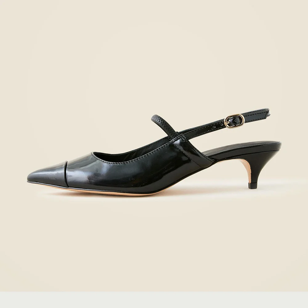 Black Pointed Toe Kitten Heel Mary Jane Slingback Pumps with Buckle