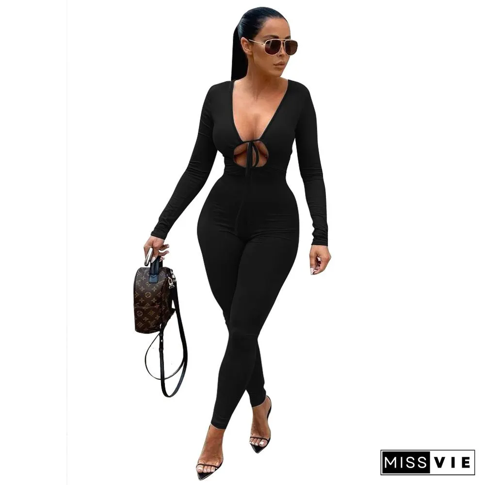 Lace Up Cut Out Long Sleeve Bodycon jumpsuit