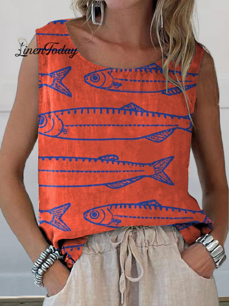 Vintage Style Sardine Fish Pattern Printed Women’s Casual Cotton And Linen Tank Top Multicolor / S