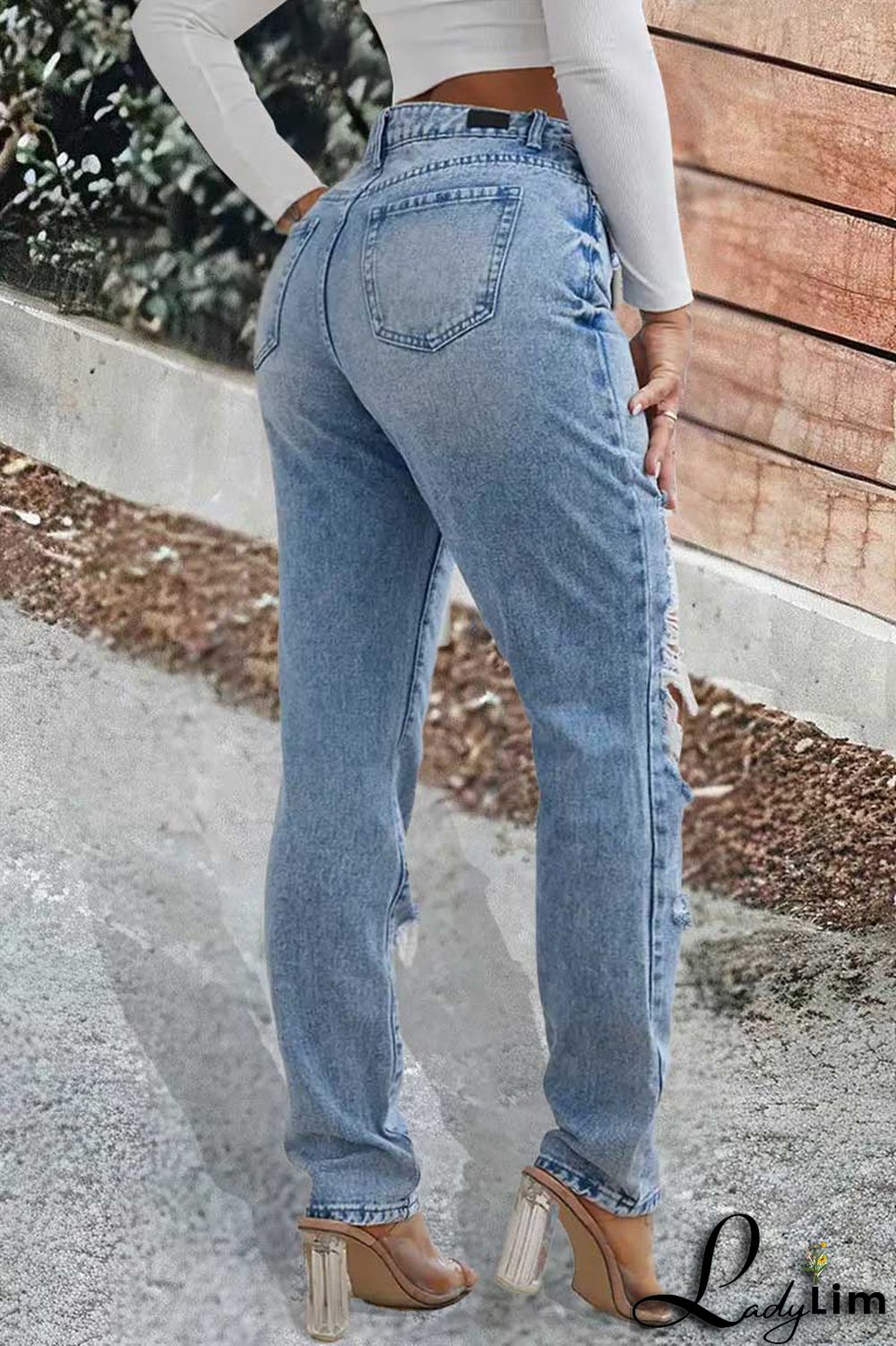 Ripped Low Waist Slant Pocket Straight Leg Jeans