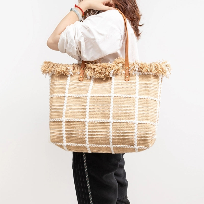 Women's Cotton Lattice Solid Color Vintage Style Square Magnetic Buckle Tote Bag