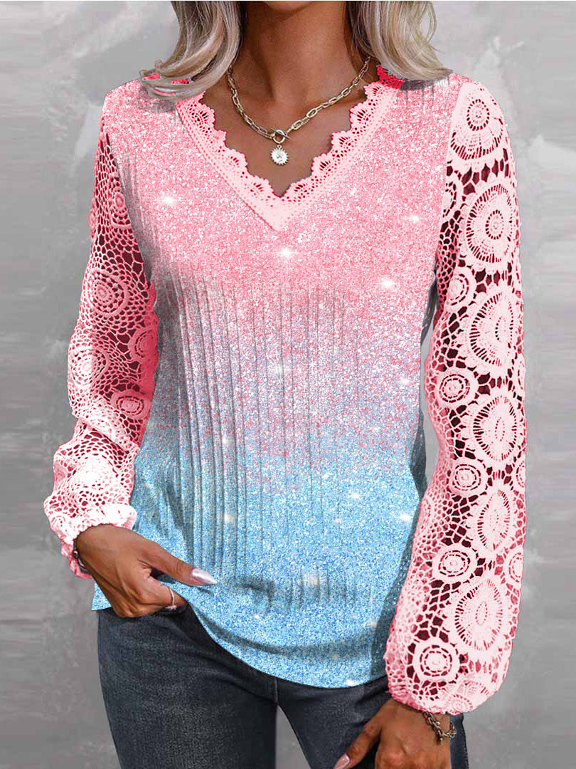 Women Long Sleeve V-neck Printed Polka Dot Gradient Lace Tops