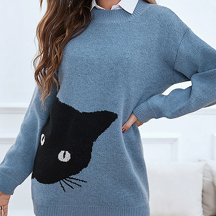Cat Print Crew Neck Long Sleeve Casual Sweater