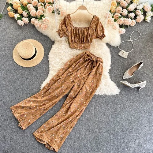 FTLZZ Summer Women Holiday Style Chiffon Printing Two Piece Set Short Shirt High Waist Wide Leg Pants Ladies Idyllic Style Sets