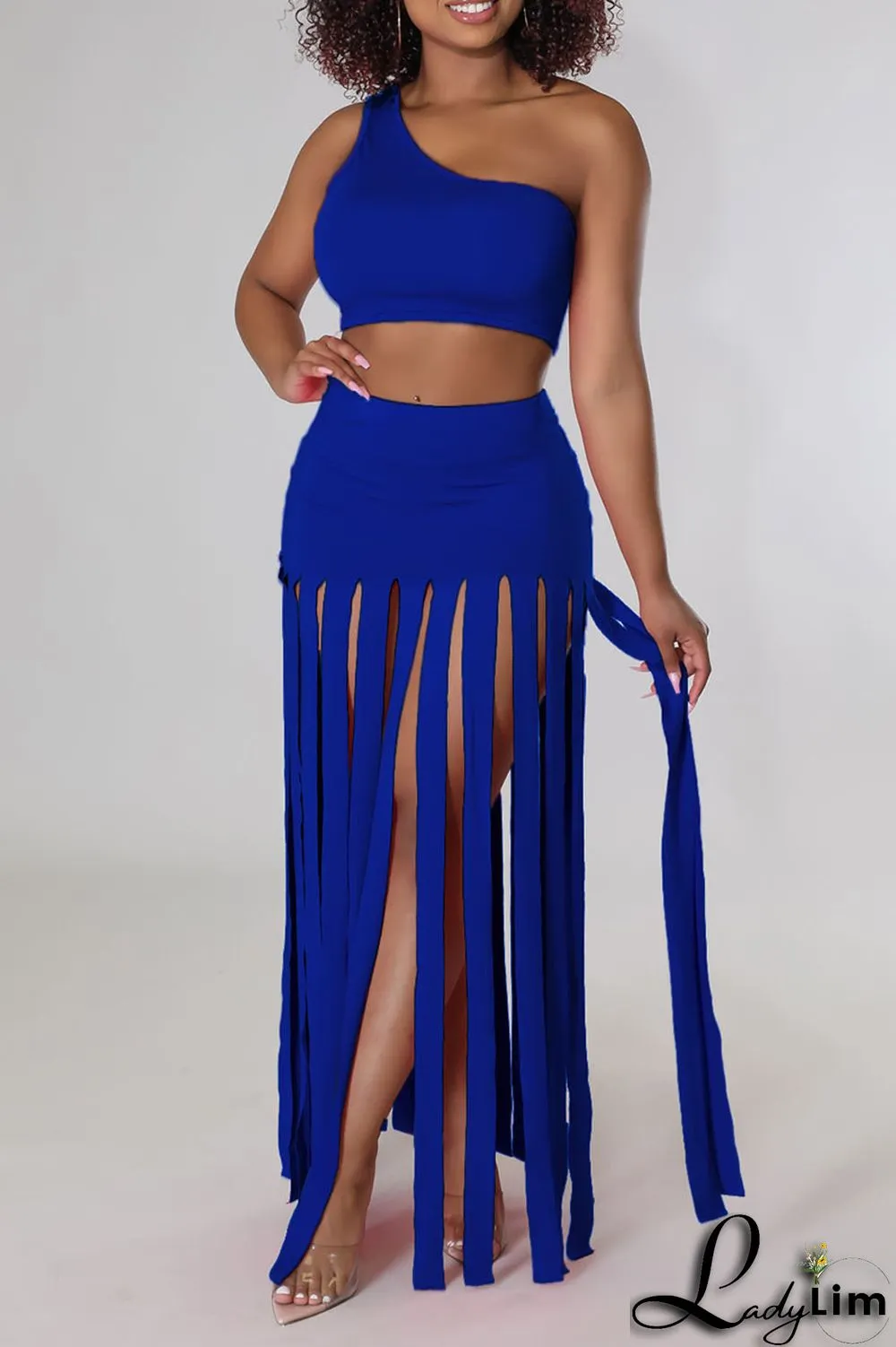 Black Sexy Solid Tassel Patchwork Oblique Collar Two Pieces