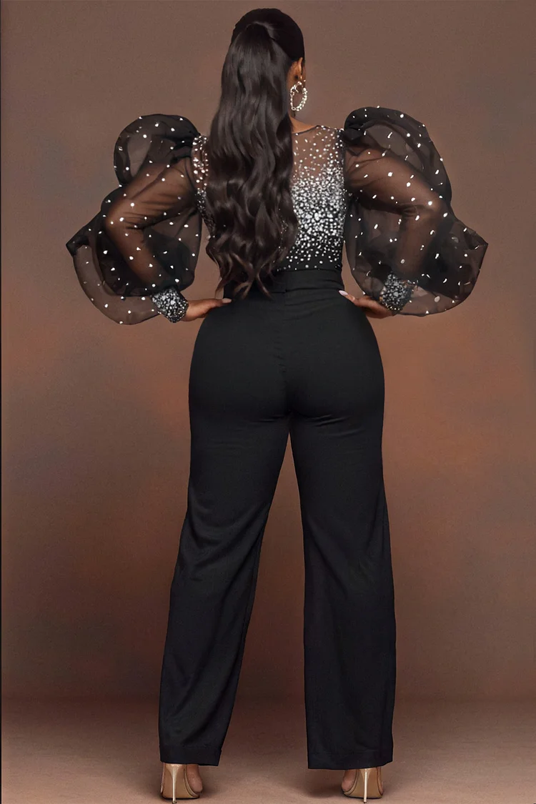 Xpluswear Design Plus Size Formal Black Round Neck Puff Sleeve Long Sleeve Pocket Elegant Drilling Tulle Jumpsuits [Pre-Order]