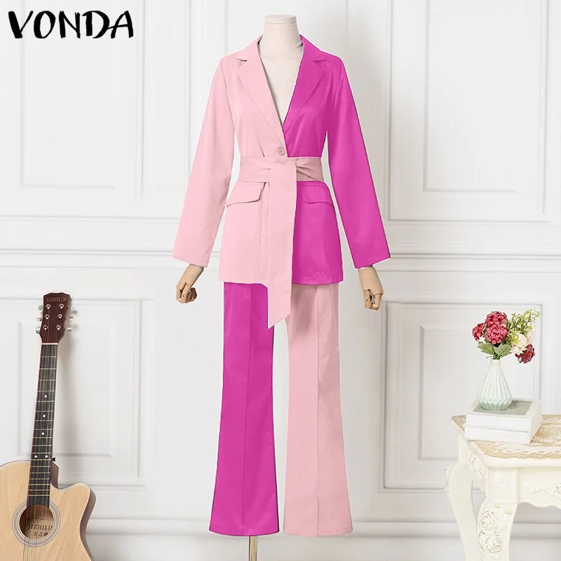 Women Long Sleeve Lapel Suit 2022 Casual Blazer Ropa De Mujer Jackets VONDA OL Office Formal Coats Long Trousers Suits 2PCS