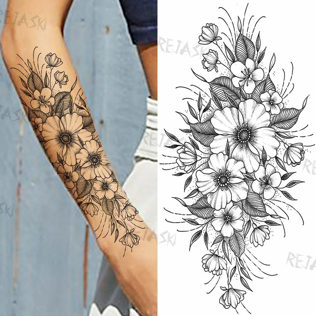 Sexy Snake Flower Fake Temporary Tattoo For Women Black Sunflower Tattoos Bloosom Big Daisy Camellia Water Transfer Tatoos Legs