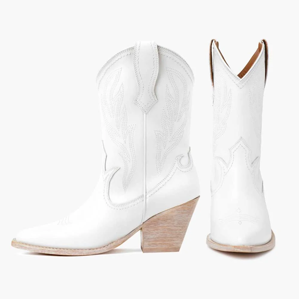 Chunky Heel Pointed Toe Mid Calf White Western Boots for Women