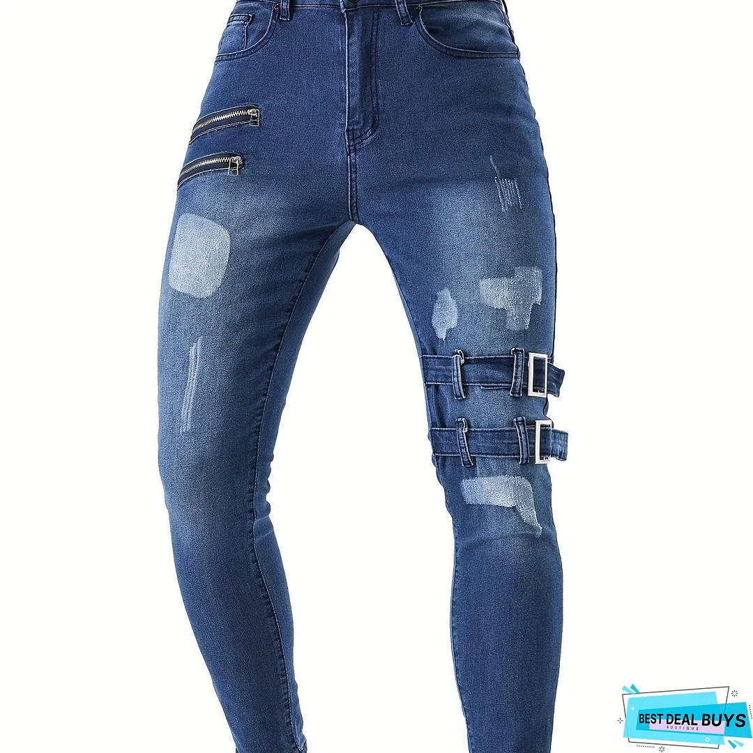 Men's Chic Skinny Biker Jeans, Casual Street Style Medium Stretch Denim Pants