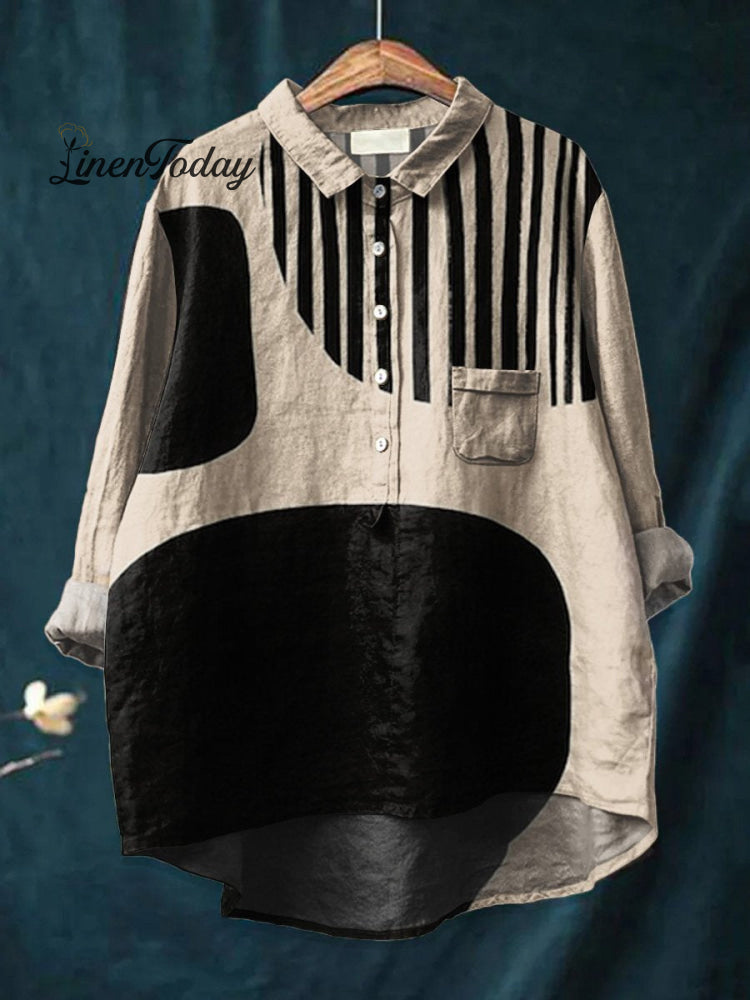Women’s Abstract Geometric Art Print Casual Cotton And Linen Shirt Multicolor / S