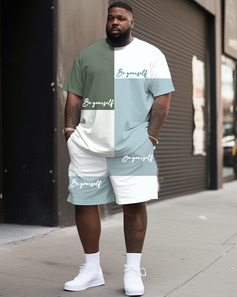 Men's Plus Size Casual Simple Stitching Color Block Letter Printed T-Shirt Shorts Set