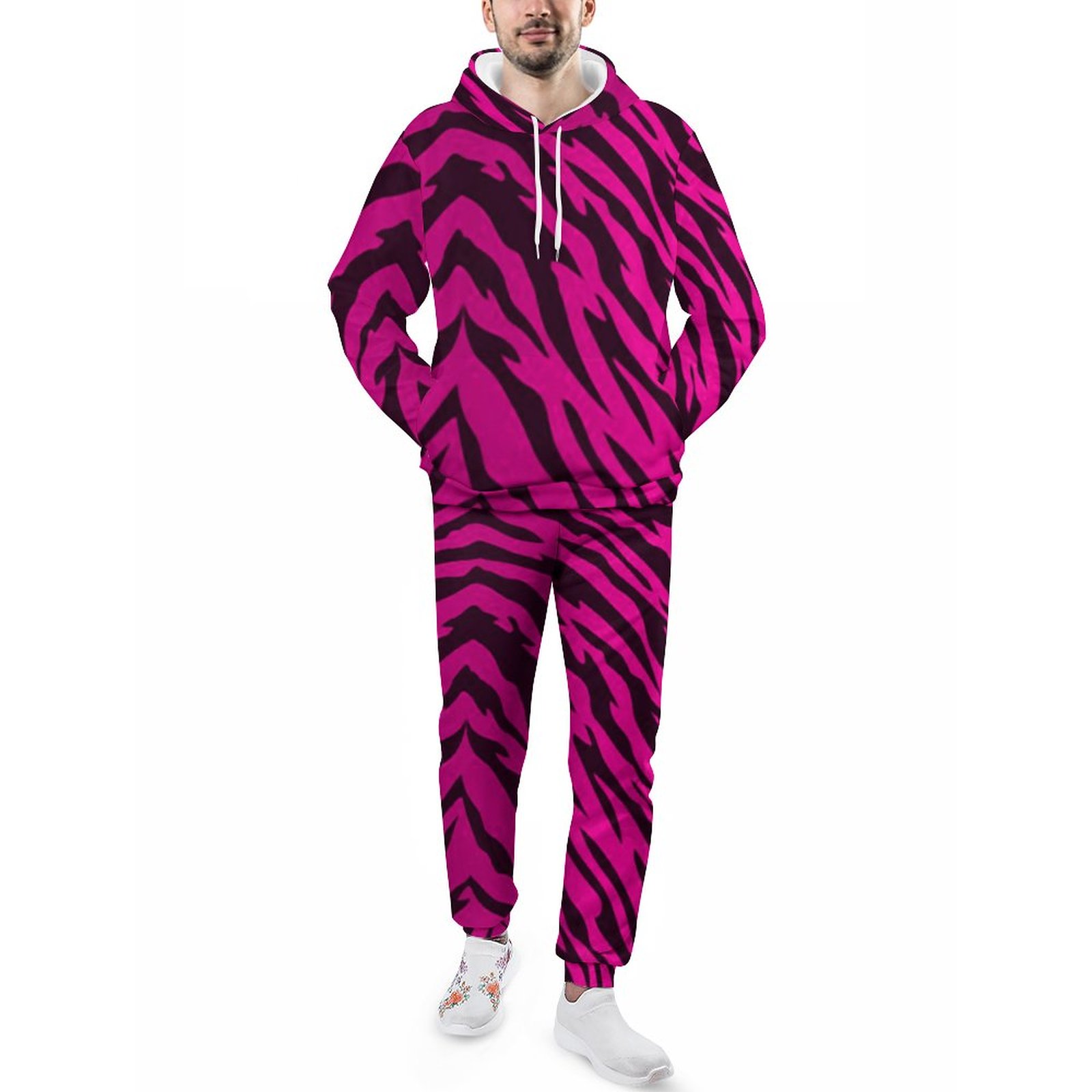 Hot Pink Tiger Stripes Animal Print Men's Tracksuit 2 Piece Hoodie Sweatsuit Sets Guys Casual Jogging Athletic Suits