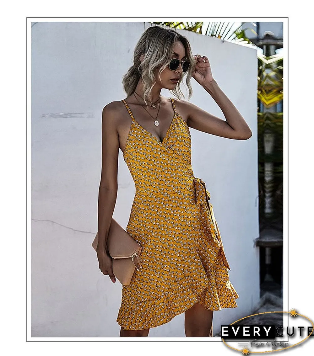 Summer Printing Irregular Ruffled Suspenders Dress Women