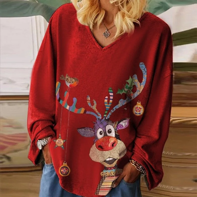 Christmas Print Loose V-neck Pullover Long Sleeve T-shirt