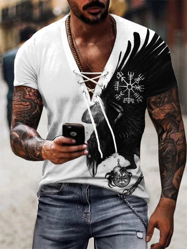 Broswear Men's Viking Vegvisir Raven Contrast Lace Up T Shirt